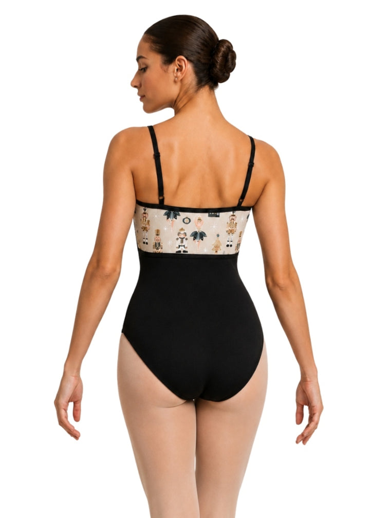 Danznmotion 26135A adjustable strap camisole leotard in Black with Nutcracker print bodice