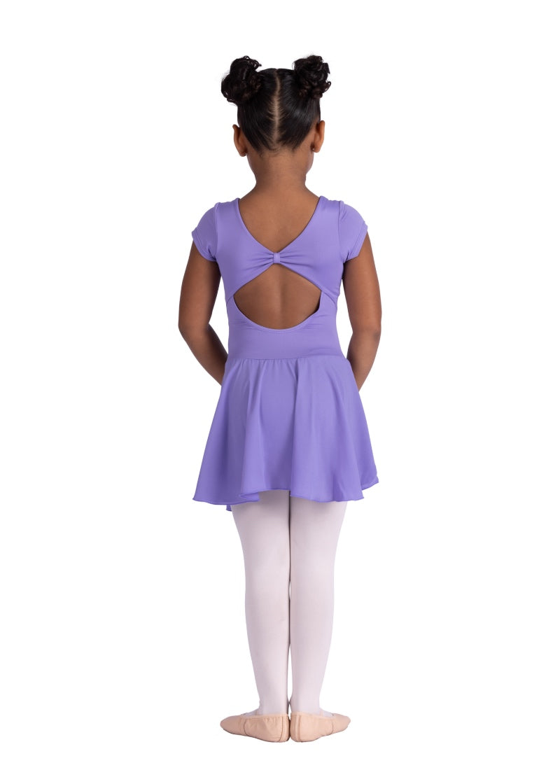 Danznmotion youth Isadora cap sleeve dress in light purple with pinch bow keyhole back.