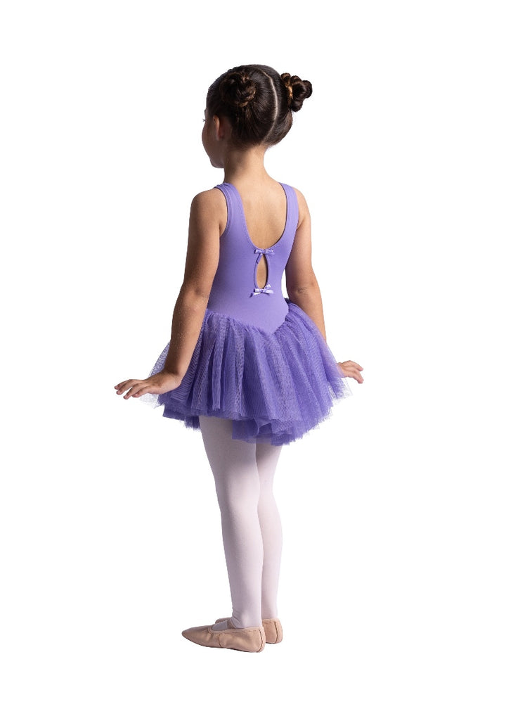 Danznmotion youth tank dress in light purple with full mesh skirt and double bows attached at keyhole back.