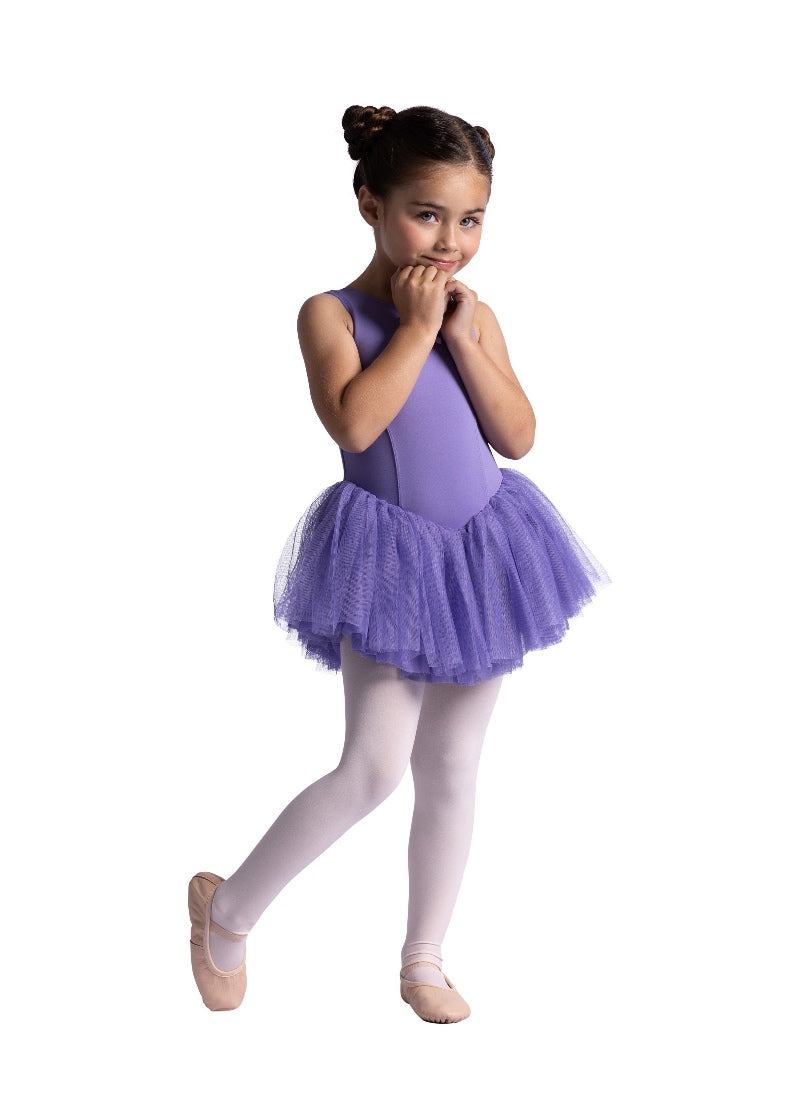 Danznmotion youth tank dress in light purple with princess seams, full mesh skirt, and double bows attached at keyhole neckline.