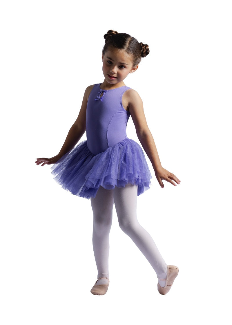 Danznmotion youth tank dress in light purple with princess seams, full mesh skirt, and double bows attached at keyhole neckline.