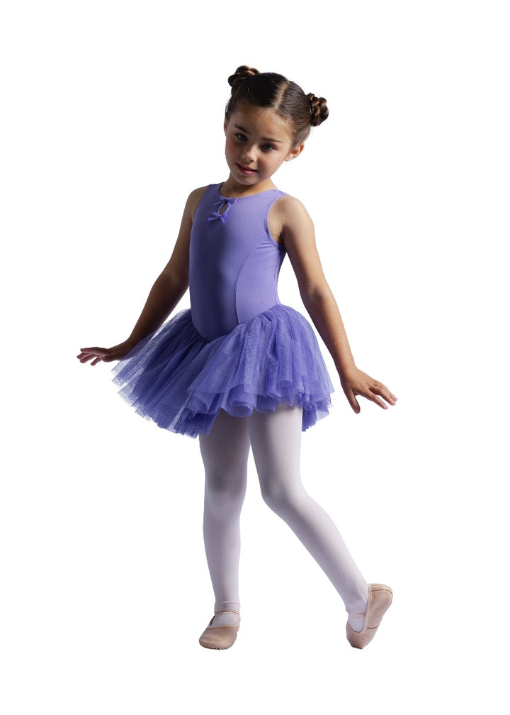 Danznmotion youth tank dress in light purple with princess seams, full mesh skirt, and double bows attached at keyhole neckline.