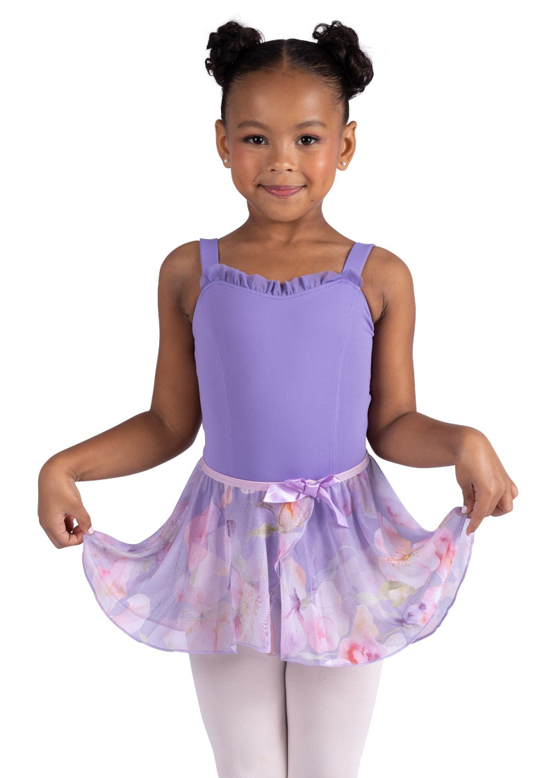 Danznmotion by Danshuz 26403C Girls' Bellarosa Mock Wrap Georgette Youth Pull-On Skirt in Floral Light Purple, shown on a young girl wearing a matching lavender leotard