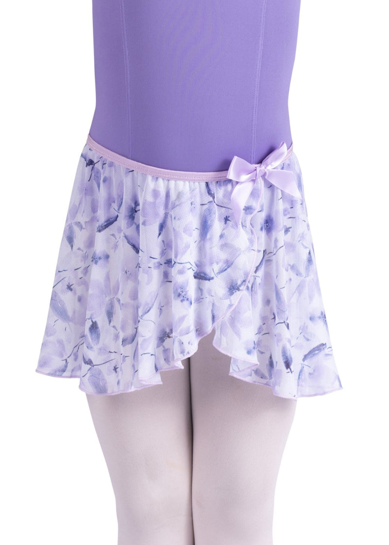 Danznmotion by Danshuz 26407C Girls' Meadow Floral Mock Wrap Georgette Youth Pull-On Skirt in Lilac, shown on a young girl wearing a matching light purple leotard