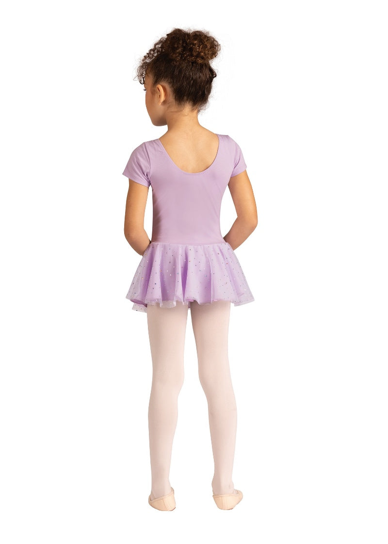 Danznmotion youth Madeline short sleeve dance dress in light purple with scoop back and double layer attached skirt with hologram dots on top skirt layer.