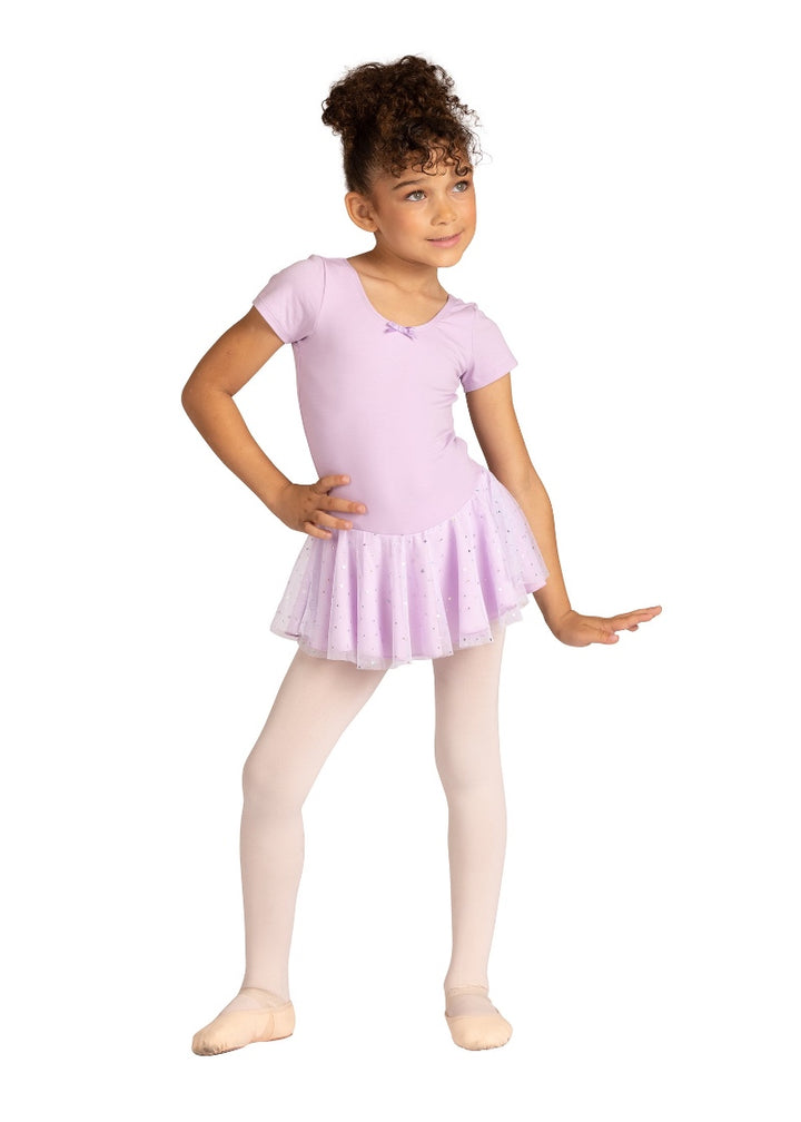 Danznmotion youth Madeline short sleeve dance dress in light purple with bow attached at neckline and double layer attached skirt and hologram dots on top skirt layer.