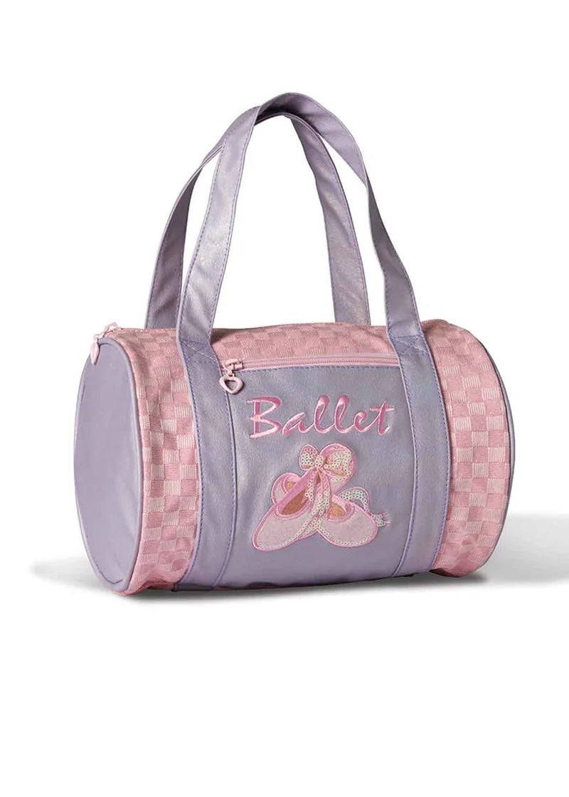 Danznmotion small pink and purple ballet duffel with handle, exterior zip pocket, and embroidered ballet shoes