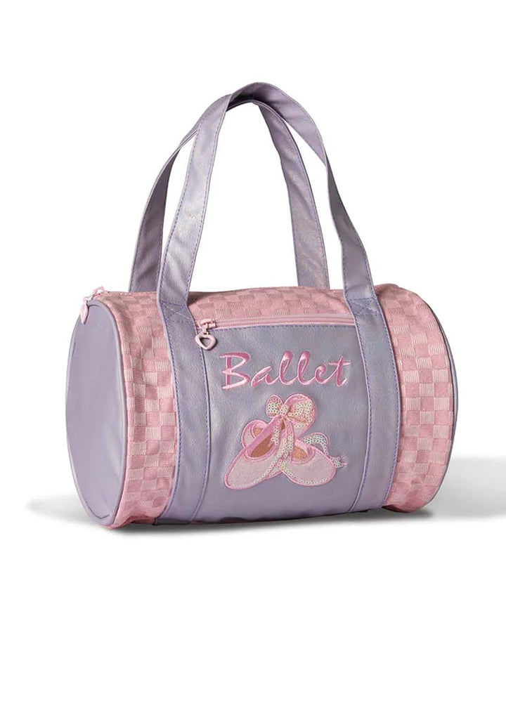 Danznmotion small pink and purple ballet duffel with handle, exterior zip pocket, and embroidered ballet shoes