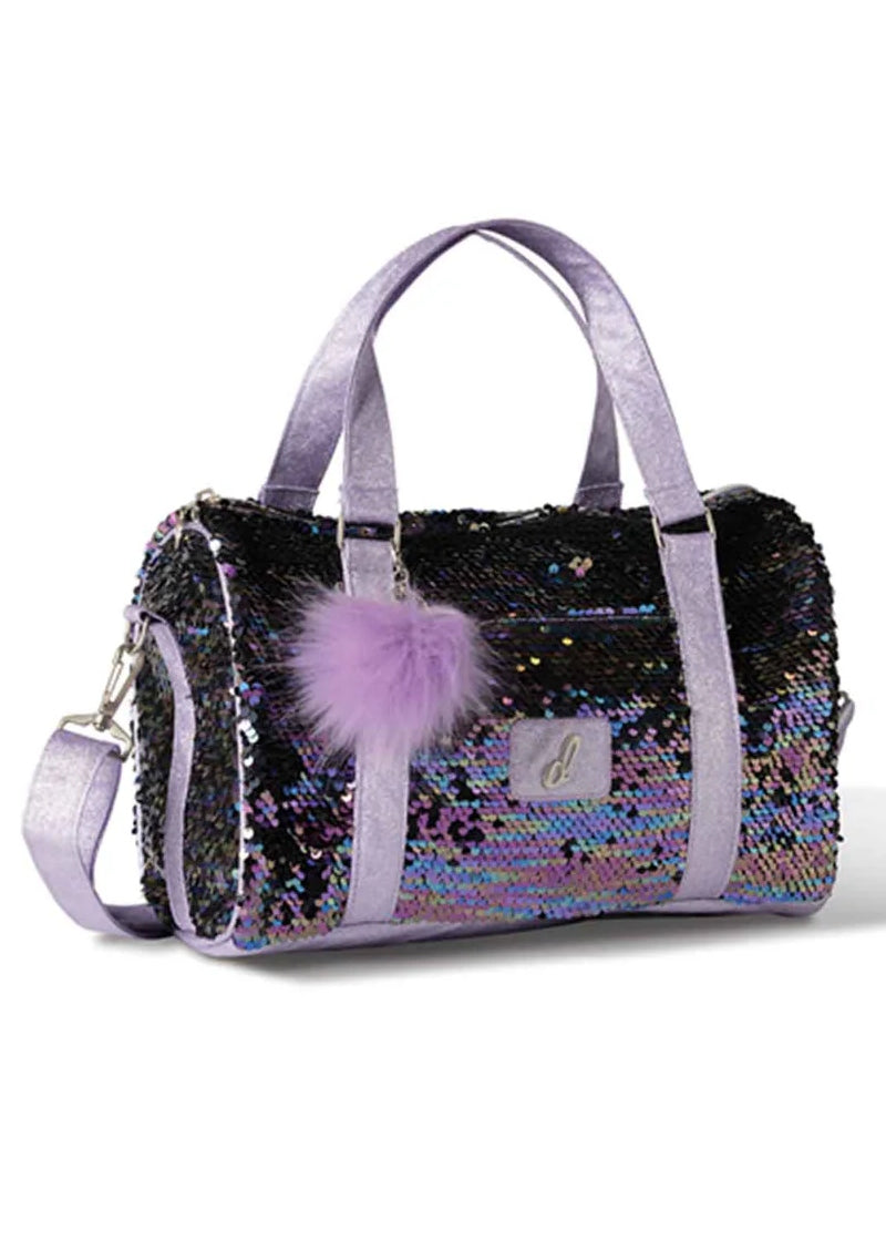 Danznmotion small purple sequin dance duffel with exterior zip pocket, handle, shoulder strap, and pompon char