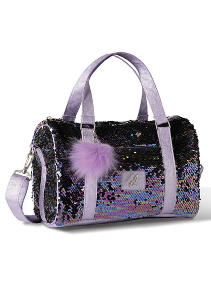 Danznmotion small purple sequin dance duffel with exterior zip pocket, handle, shoulder strap, and pompon char