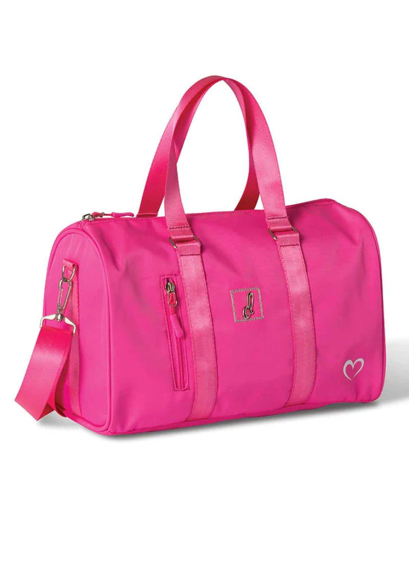 Danznmotion small pink dance duffel with exterior zip pocket, handle, and shoulder strap