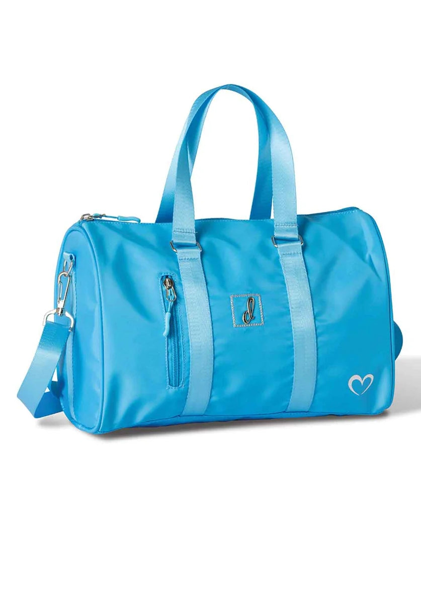 Danznmotion small turquoise dance duffel with exterior zip pocket, handle, and shoulder strap