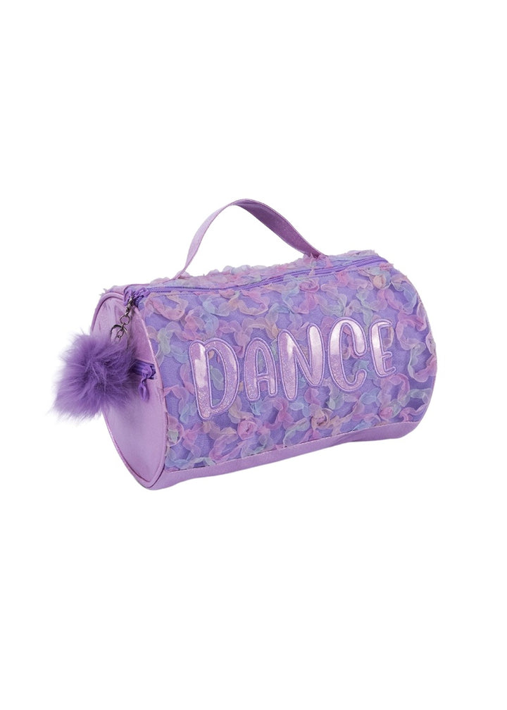 Danznmotion small duffel bag in light purple with pink and blue petal texture, shiny "DANCE" appliqué, purple poof keychain, top zipper, and carrying handle.