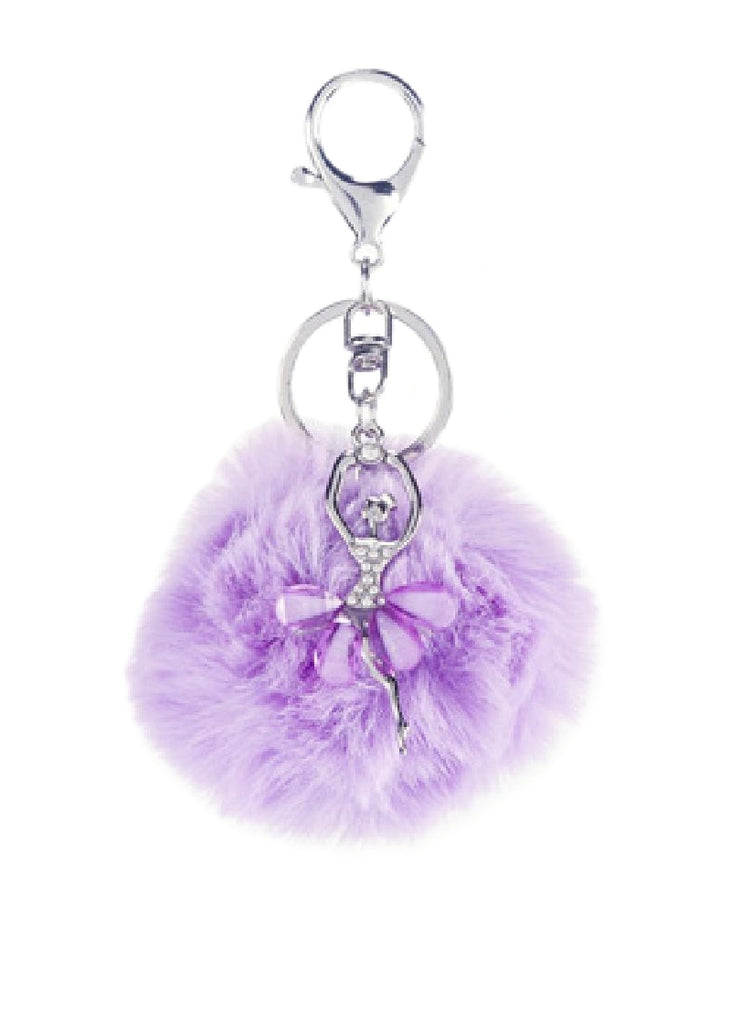 Purple Ballet Girl Pom Pom Keychain | Rhinestone Dancing Girl Fluffy Ball Keyring Charm - View #4