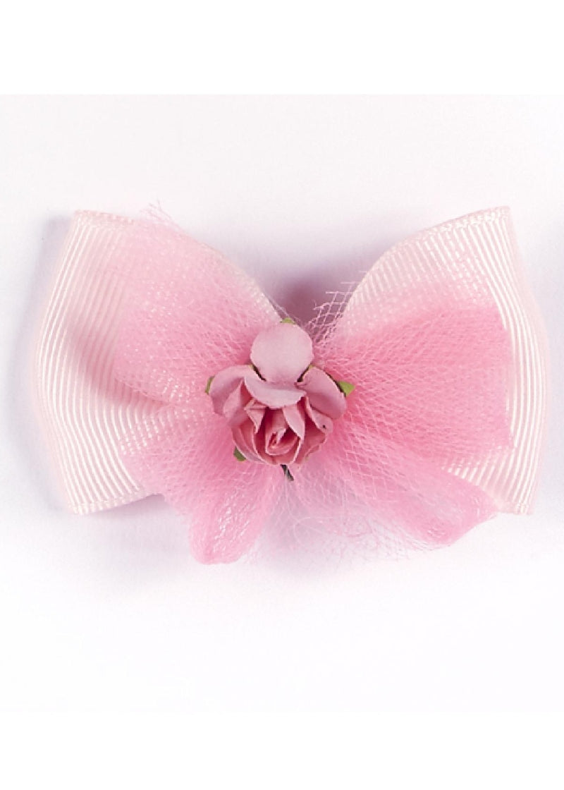 Floral Tulle Hair Bow (Pink)
