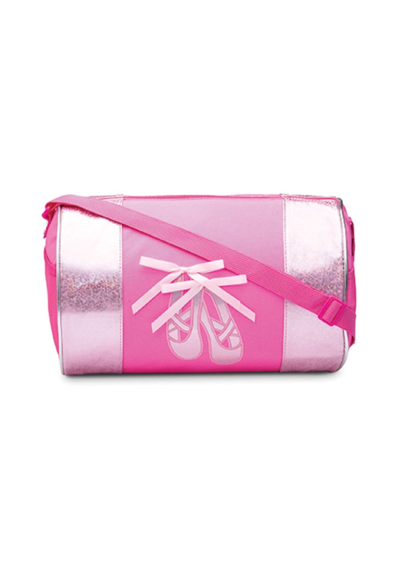 pink barrel bag with iridescent ballet shoe applique and side panels, adjustable strap