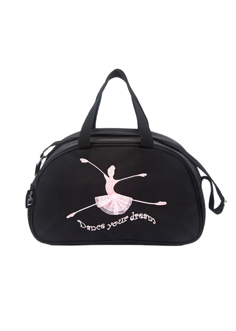 black half-moon bag with ballerina applique and embroidered words
