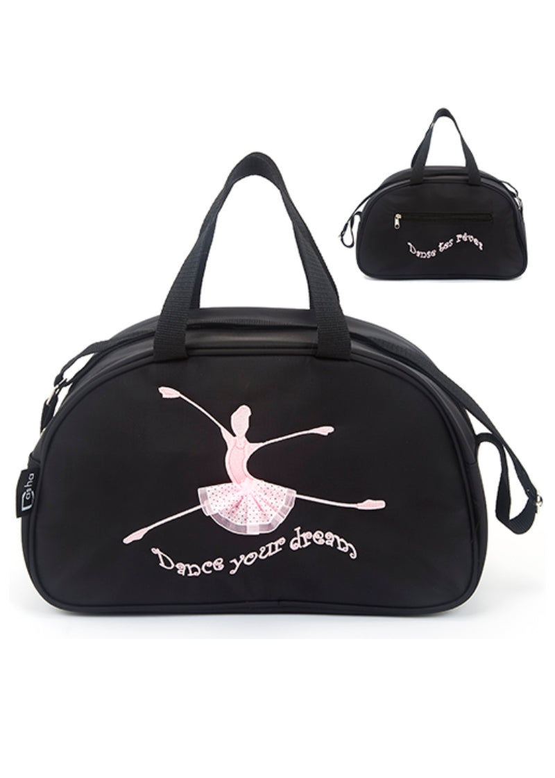 black half-moon bag with ballerina applique and embroidered words