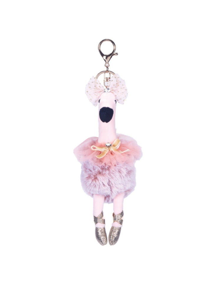 plush swan in tutu attached to a keychain in pink