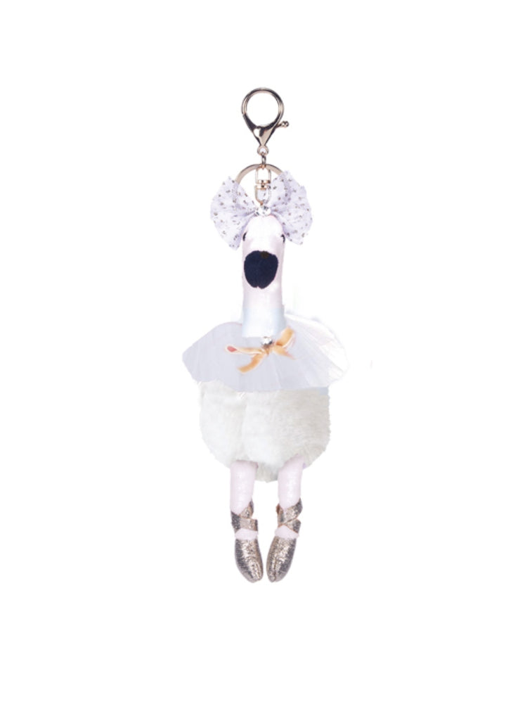 plush swan in tutu attached to a keychain in white