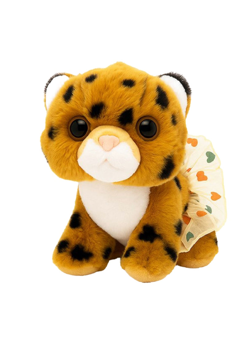 Dasha Designs 6369 Girls' Floppy Leopard Ballerina Plush Toy in orange with black spots and a yellow, heart-print tutu