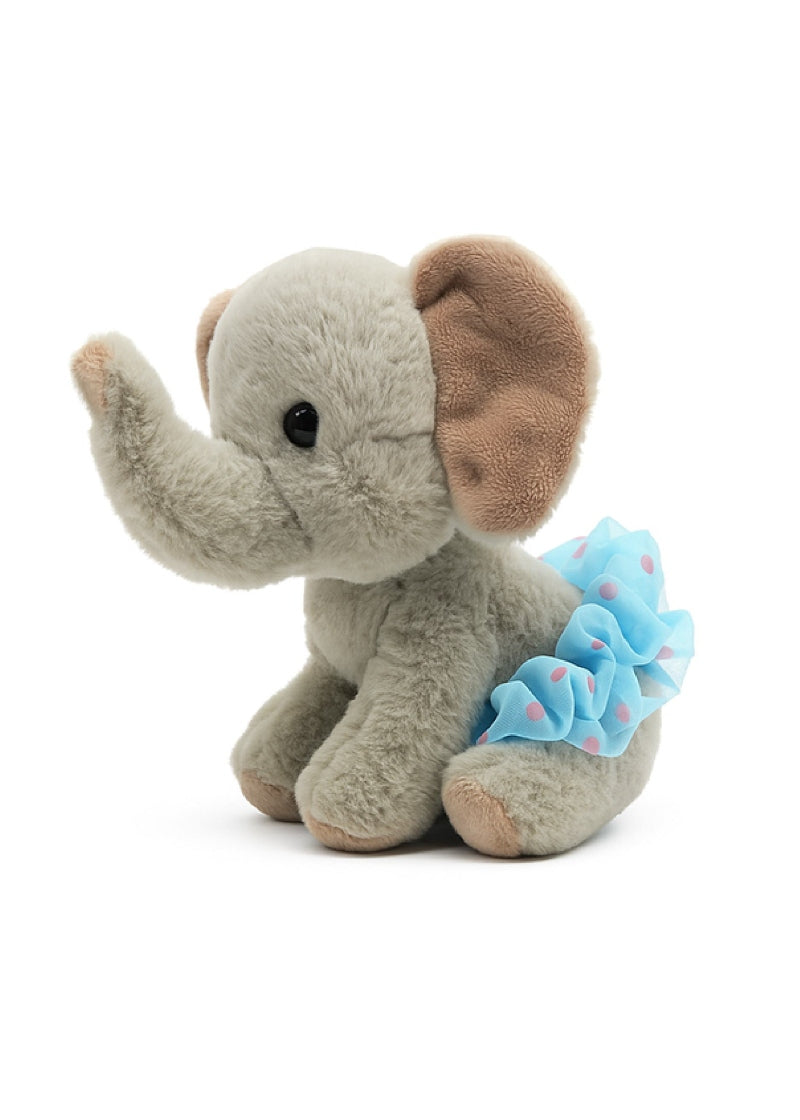Dasha Designs 6370 Girls' Floppy Elephant Ballerina Plush Toy in grey with a turquoise blue, heart-print tutu