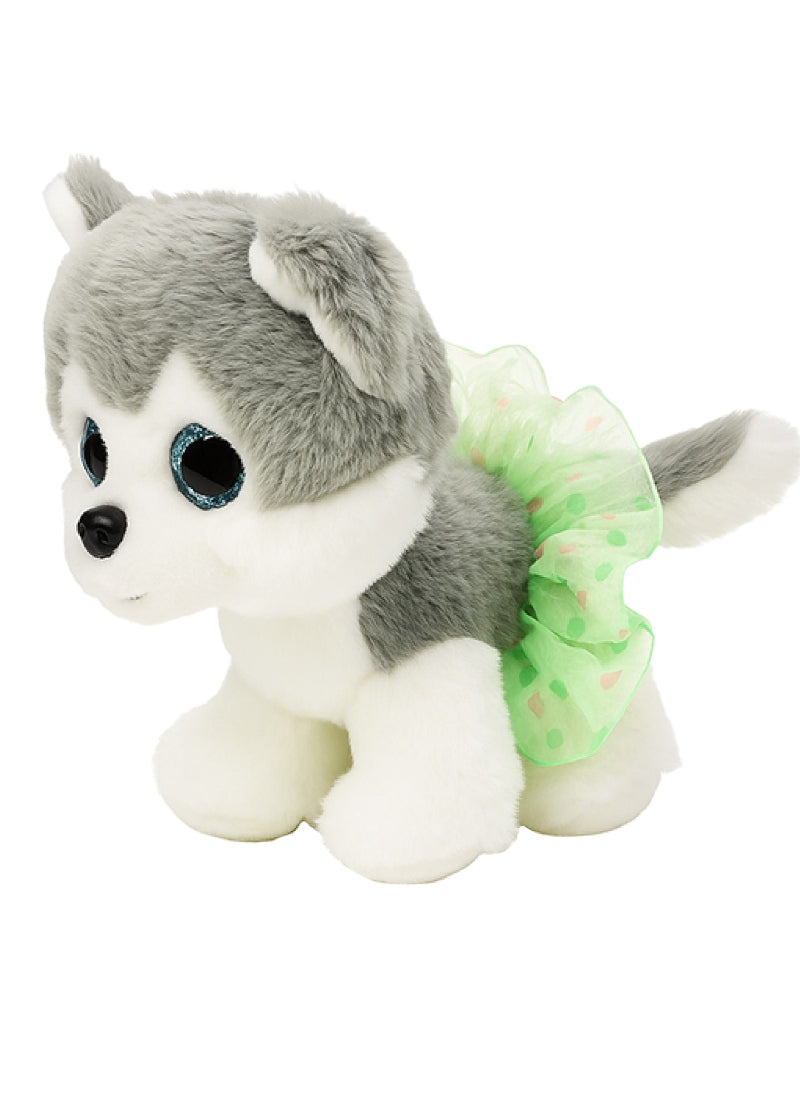 Dasha Designs 6371 Girls' Floppy Wolf Ballerina Plush Toy with super soft grey and white faux fur and a heart print tutu in lime green