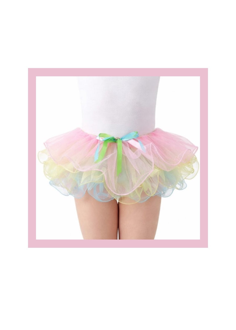 Dasha Designs tutu with layers of pastel pink, yellow, and blue tulle, with satin bow.