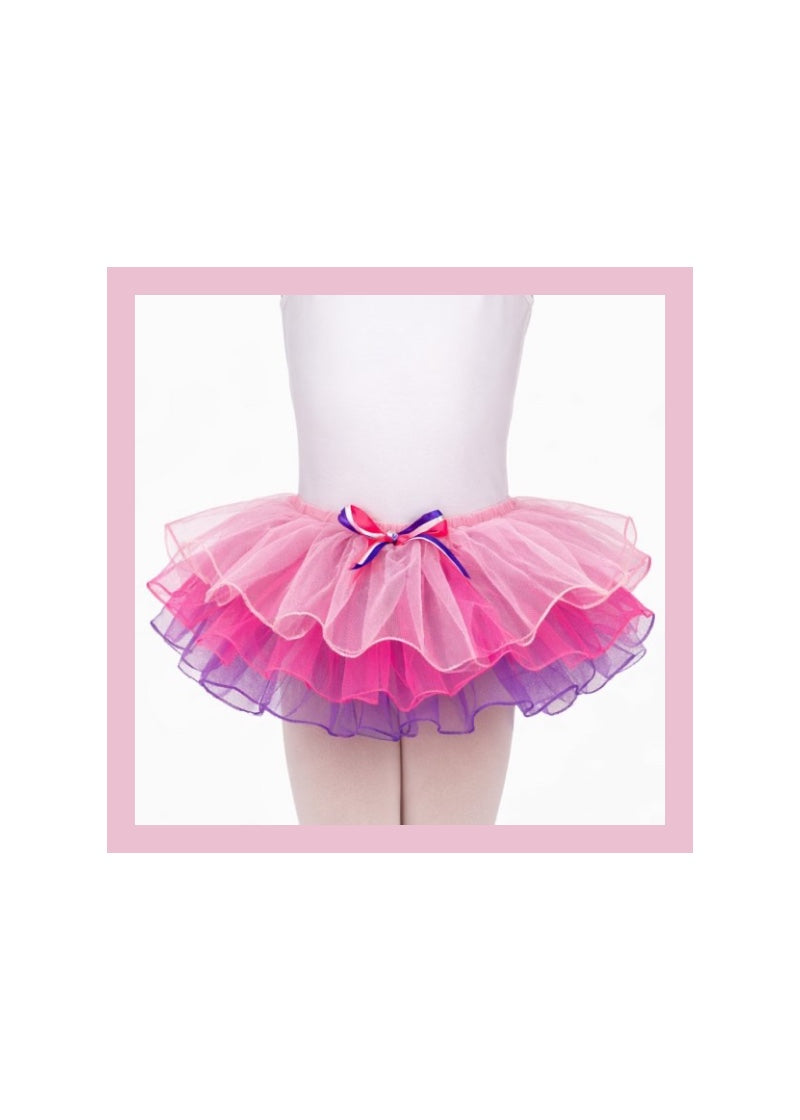 Dasha Designs tutu with layers of light pink, bright pink, and purple tulle, and striped bow.