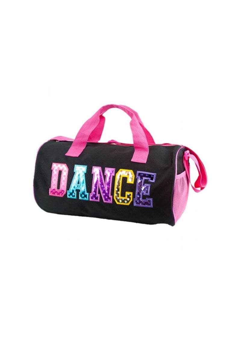 Dasha Designs duffel bag in black with "DANCE" in multicolor block lettering with pink straps and side pocket.