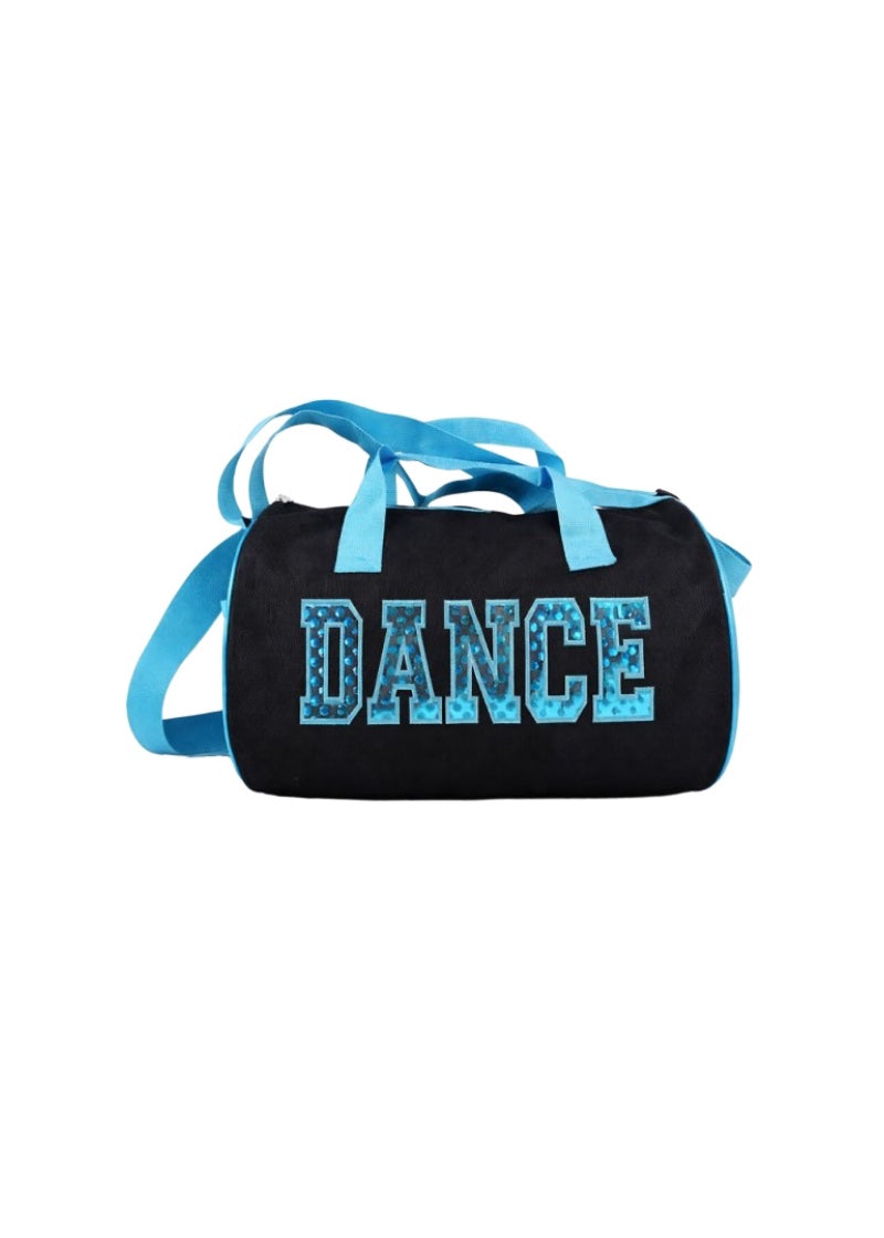 Dasha Designs duffel bag in black with "DANCE" in blue block lettering and blue straps.