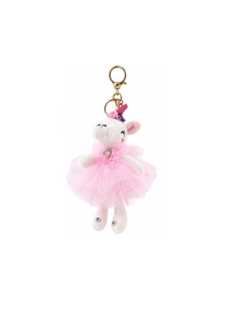 Dasha Designs white plush unicorn with pink tutu on gold keyring.
