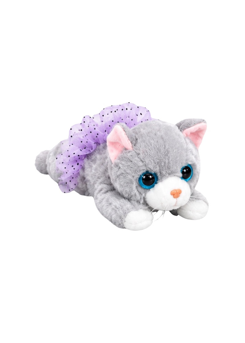 Dasha Designs plush stuffed cat with grey fur, blue eyes, pink ears, and purple tutu.