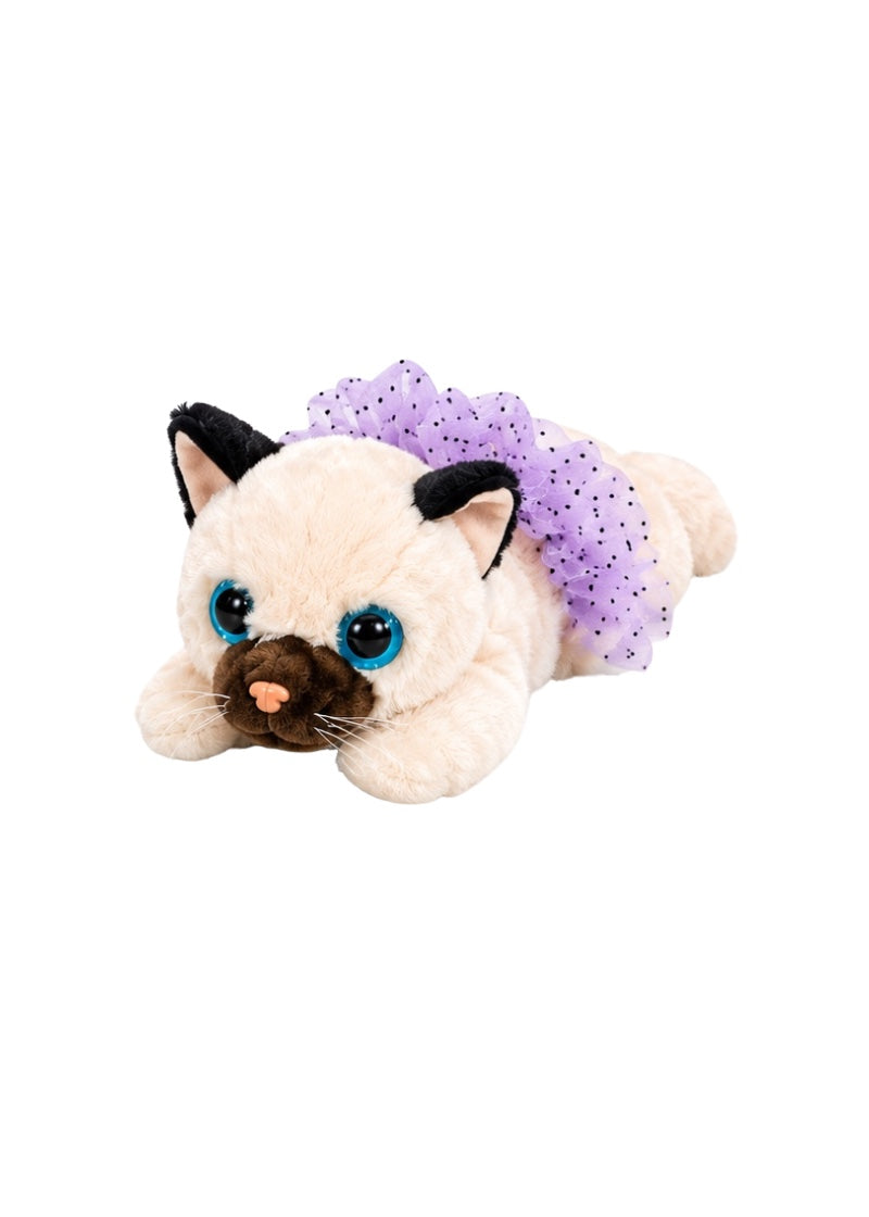 Dasha Designs plush stuffed cat with beige fur, brown snout, black ears, blue eyes, and purple tutu.