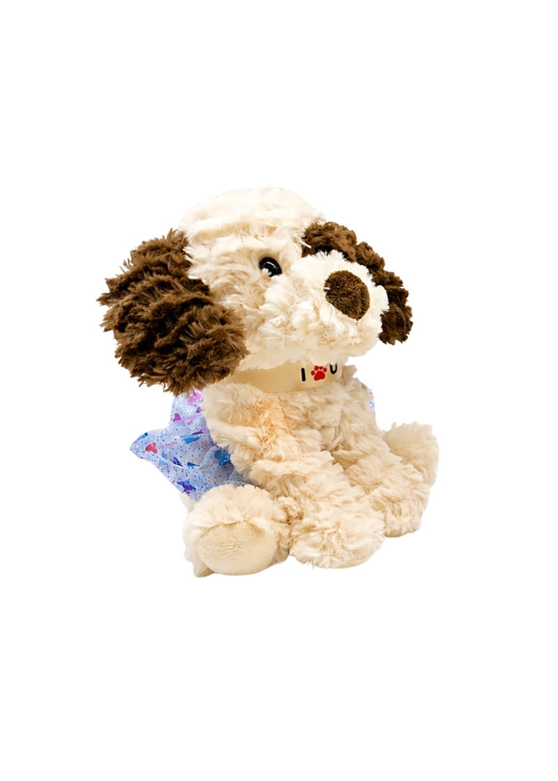 Dasha Designs plush stuffed puppy with beige fur, brown ears, blue tutu, and decorative collar.