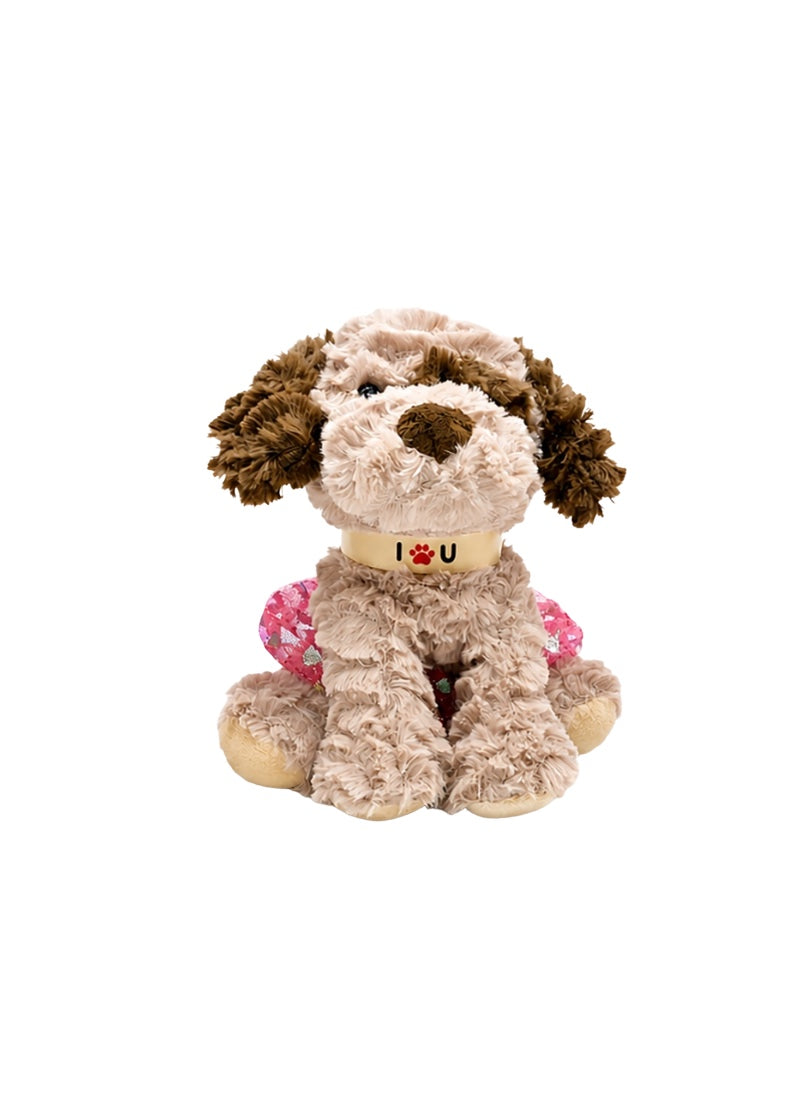 Dasha Designs plush stuffed puppy with light brown fur, brown ears, pink tutu, and decorative collar.