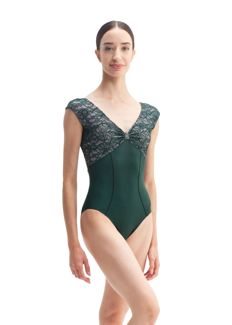 DellaLo' Milano Icons CD26079-2 Women's Venere Pinch Front Lace Cap Sleeve Leotard with Princess Seams in Bottiglia Dark Green, modeled on a ballet dancer