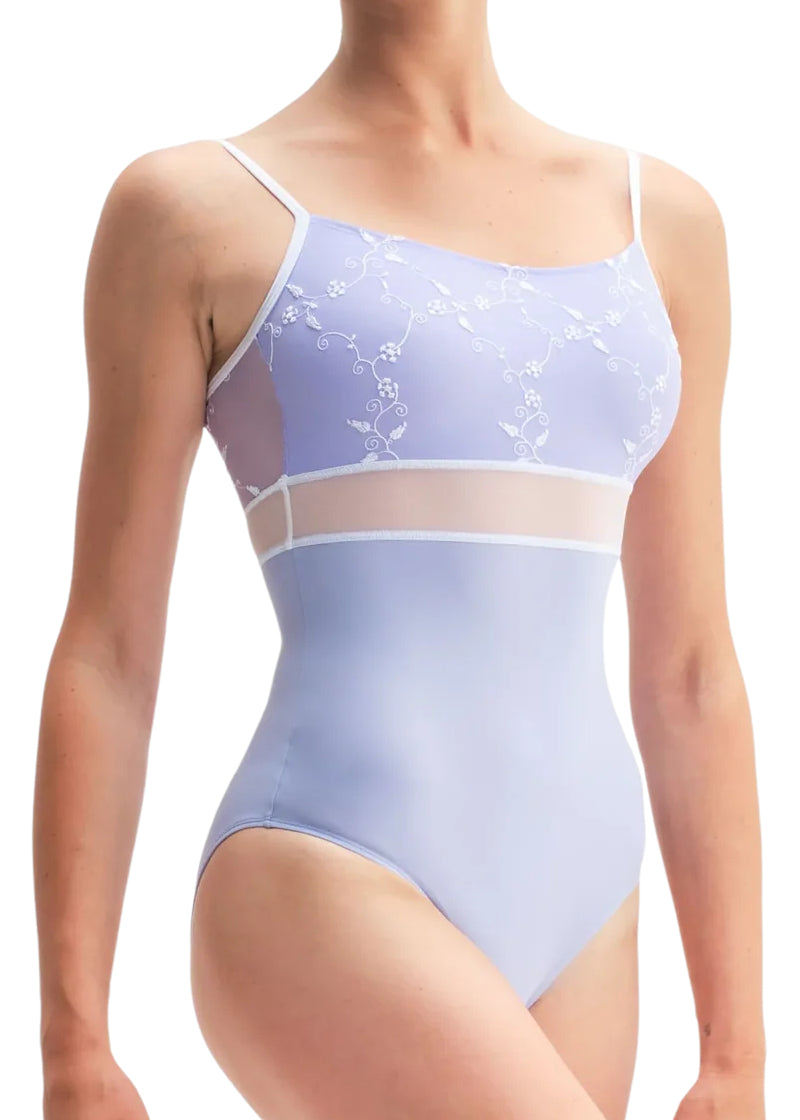 Close-up of DellaLo' Milano Icons CD26038-2 Women's Brigid Camisole Leotard with floral embroidery and sheer mesh waistband in Violetta iced lilac with white trim, modeled on a ballet dancer