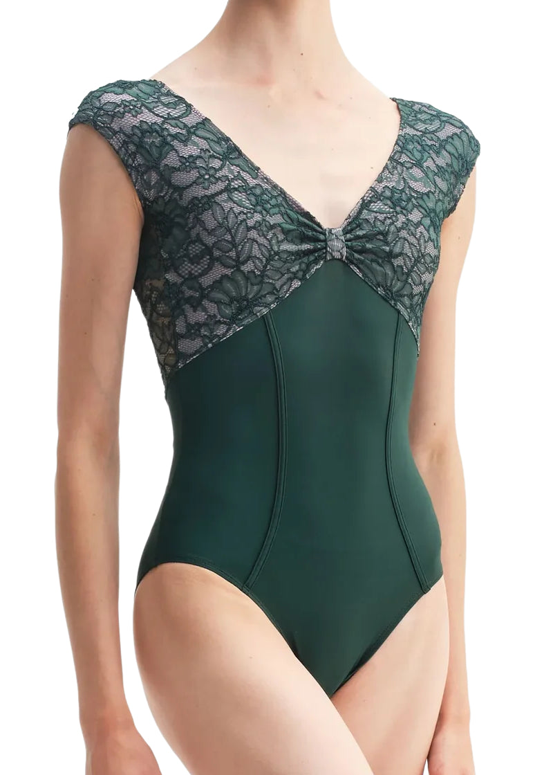 Close-up of DellaLo' Milano Icons CD26079-2 Women's Venere Pinch Front Lace Cap Sleeve Leotard with Princess Seams in Bottiglia Dark Green, modeled on a ballet dancer