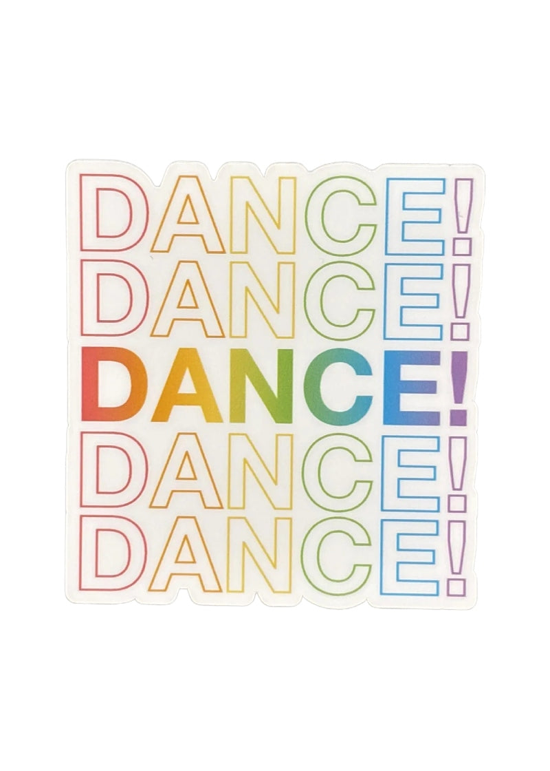 Denali & Co vinyl sticker featuring the word "Dance!" repeated in rainbow colors