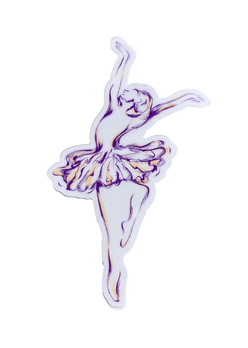 Denali & Co vinyl sticker featuring a line drawing ballerina in a purple dress