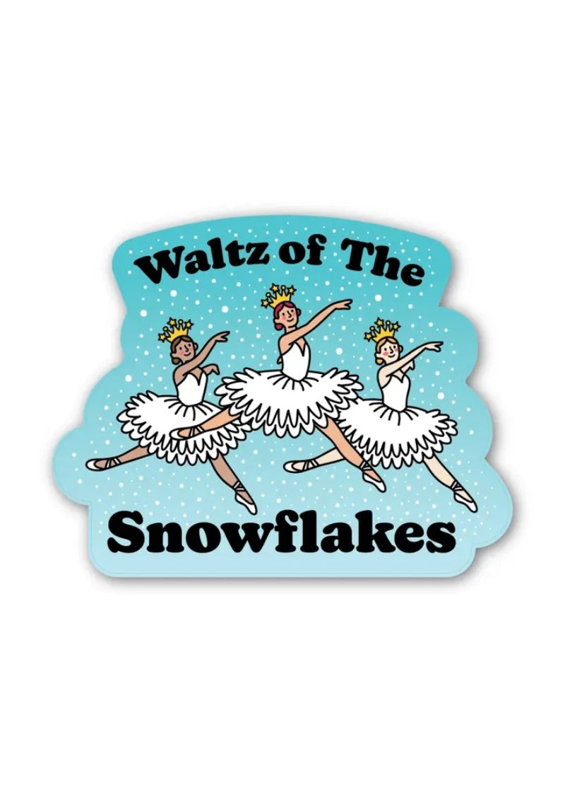 Denali & Co vinyl sticker featuring a trio of dancers in white dresses and the words "Waltz of the Snowflakes"