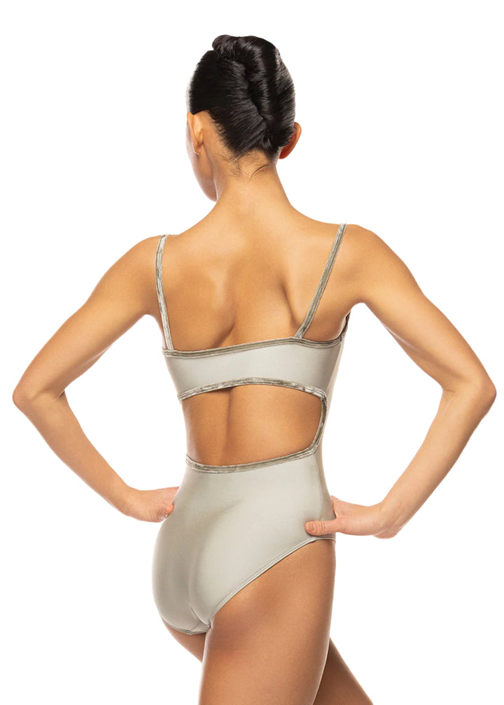 Eleve Helena camisole leotard in pale, dusty olive with open back and crushed velvet trim and straps.