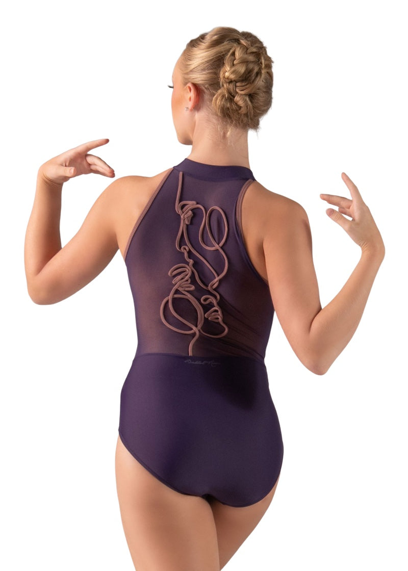 Ballet Rosa women's Duval high neck leotard in purple with mesh back and embroidered abstract face design in pink.