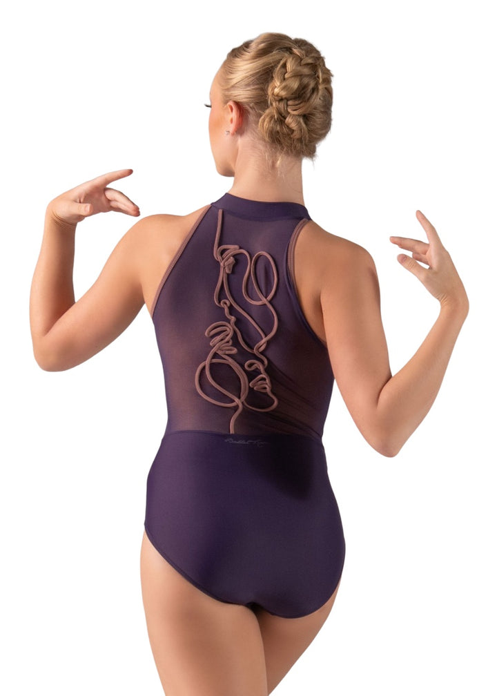 Ballet Rosa women's Duval high neck leotard in purple with mesh back and embroidered abstract face design in pink.