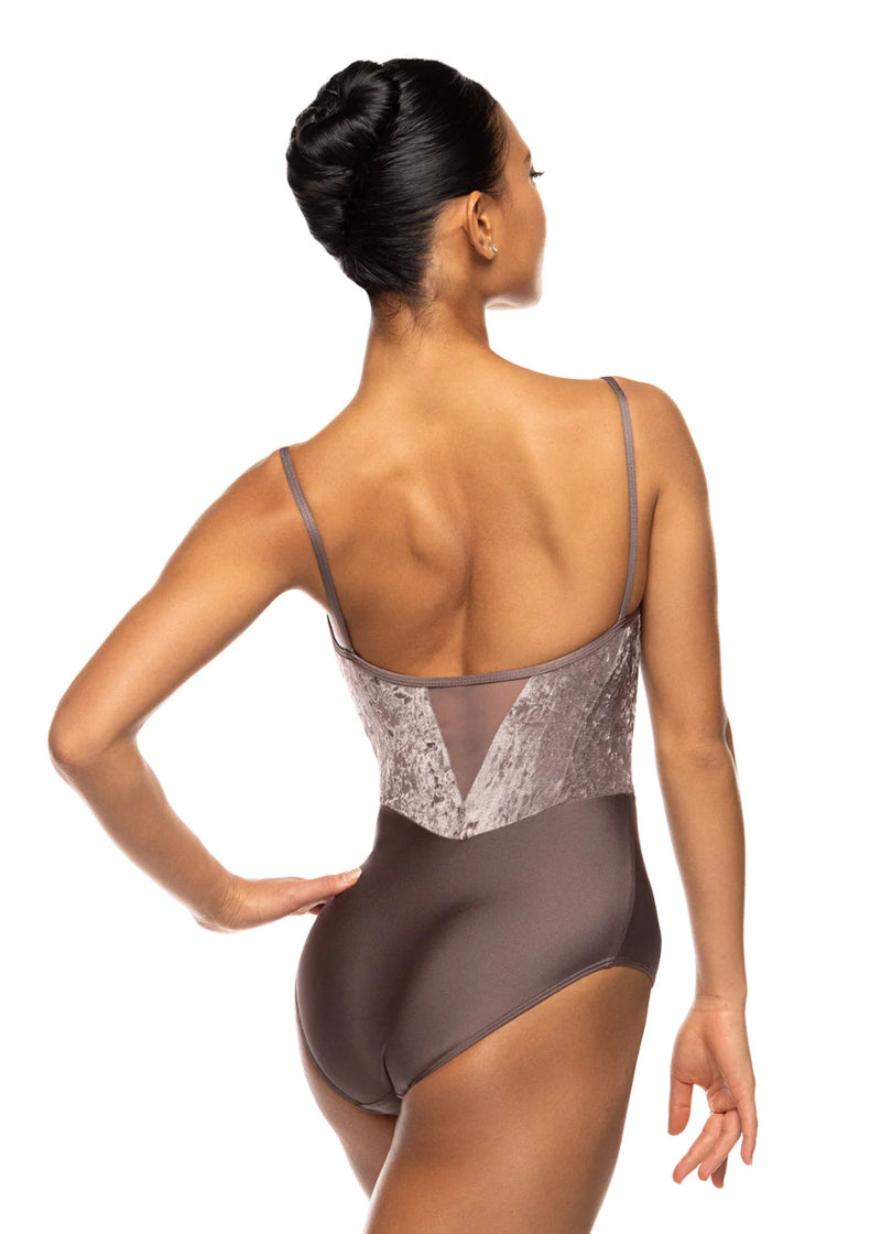 Eleve women's Chloe camisole leotard in deep purple with crushed velvet bodice and mesh v-back panel.