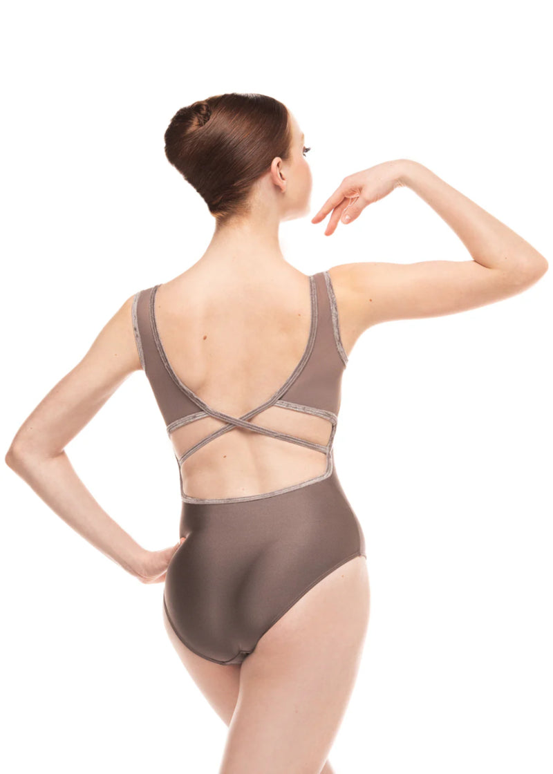 Eleve women's Fabiola tank leotard in deep purple with mesh panels and criss-cross straps over an open back.