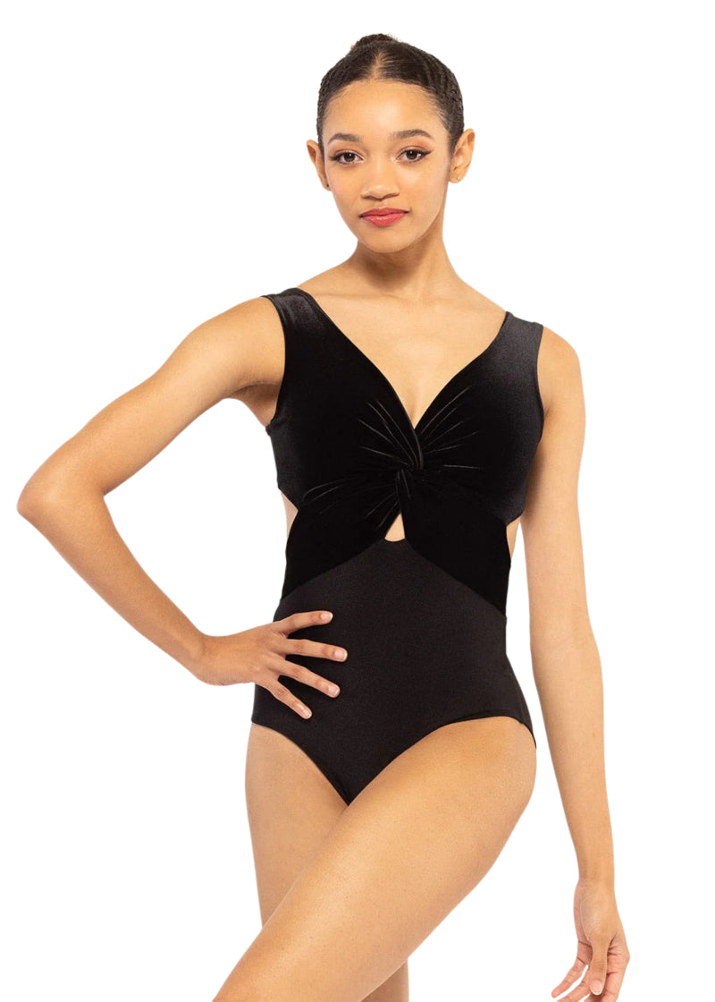 Eleve Dancewear Baroque Collection Women's Jackie Velvet Twist Front Tank Leotard in Black with low back cut-out, shown on a ballet dancer