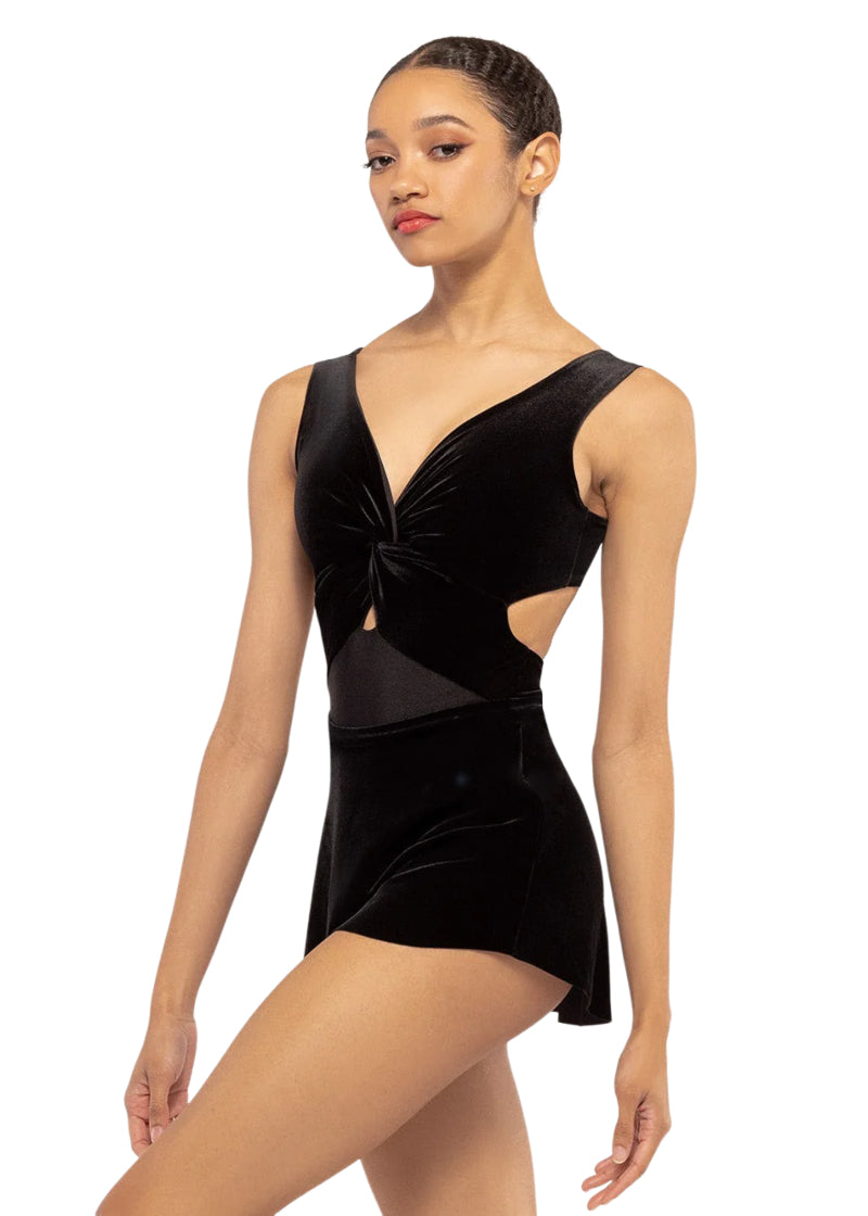 Eleve Dancewear Baroque Collection Women's Jackie Velvet Twist Front Tank Leotard in Black with low back cut-out, shown on a ballet dancer