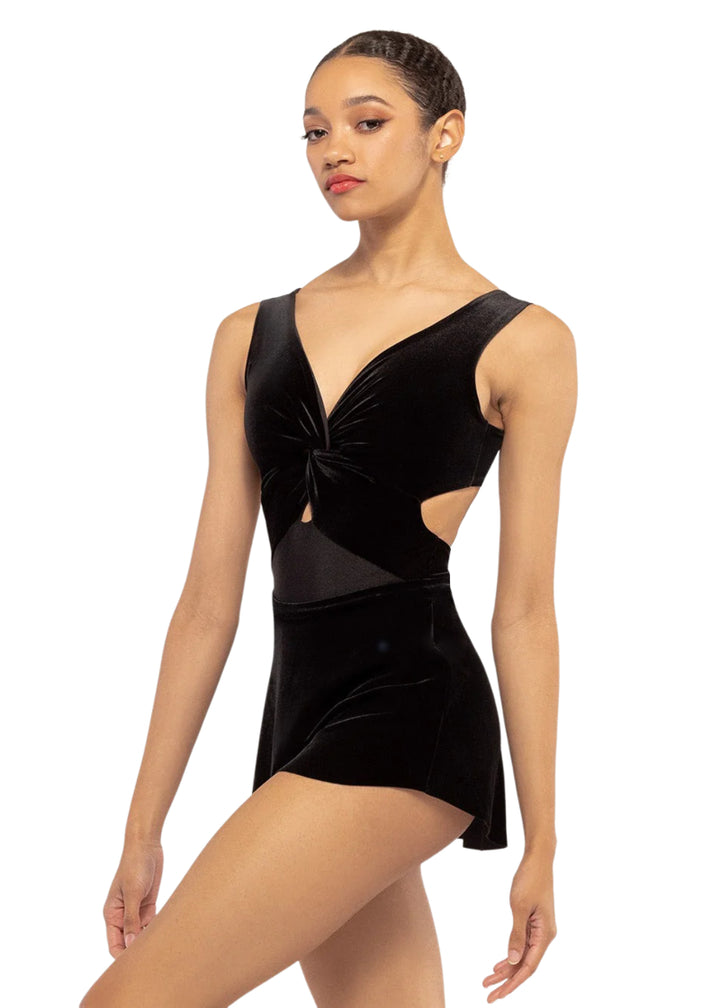 Eleve Dancewear Baroque Collection Women's Jackie Velvet Twist Front Tank Leotard in Black with low back cut-out, shown on a ballet dancer